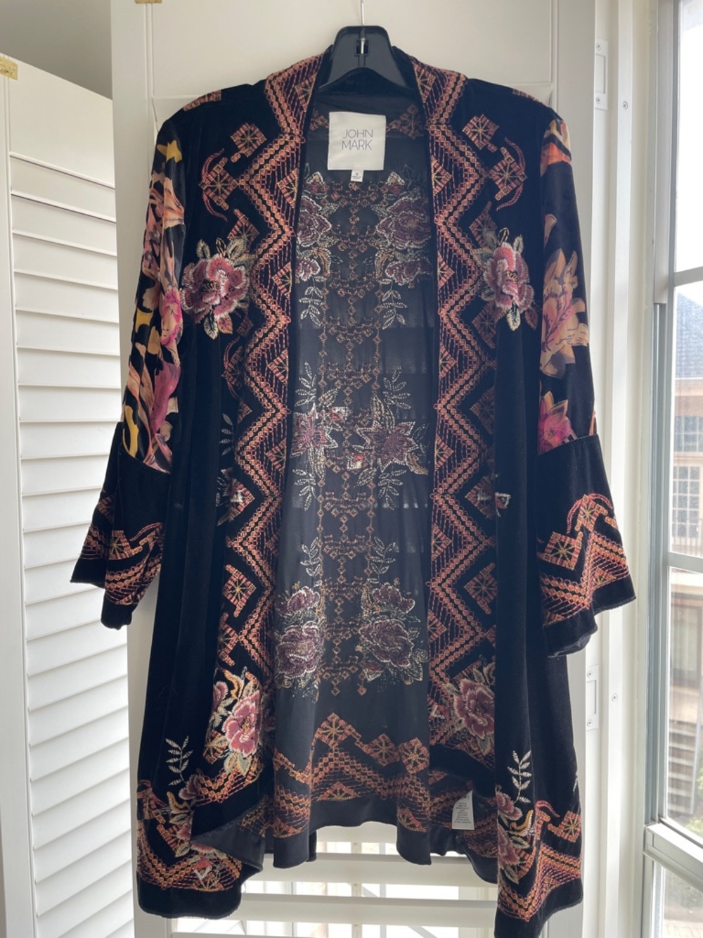 John Mark Black Velvet Floral Embroidered Duster with Pink and Gold Accents